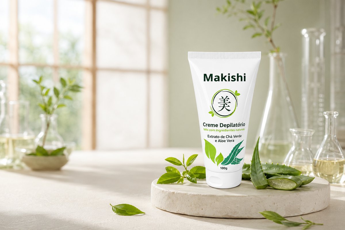 Creme Depilatório Makishi 100g em composição botânica com chá verde e aloe vera