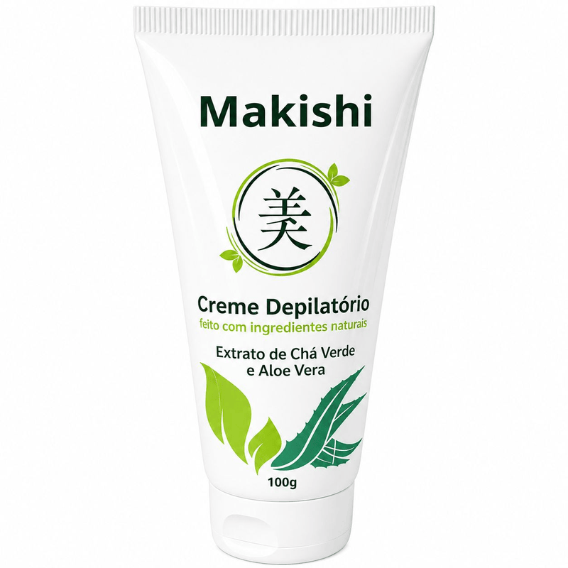 Embalagem do Creme Depilatório Makishi 100g feito com ingredientes naturais, extrato de chá verde e aloe vera